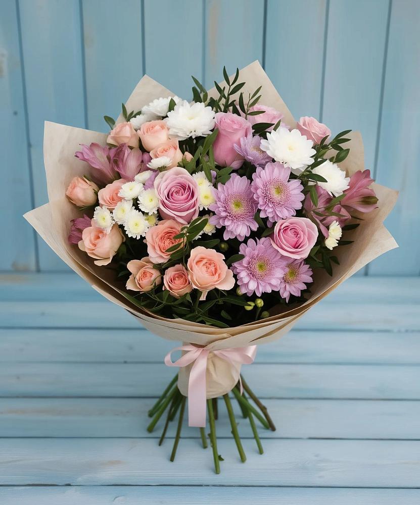 Букет цветов из: Хризантемы, Розы и Альстромерии в Ладожской
