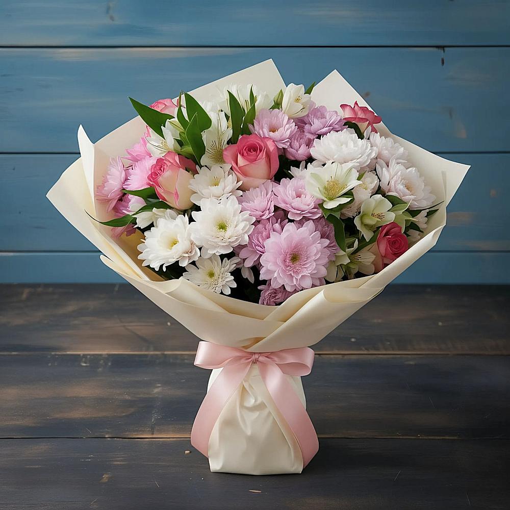 Букет цветов из: Хризантемы, Альстромерии и Розы в Ладожской